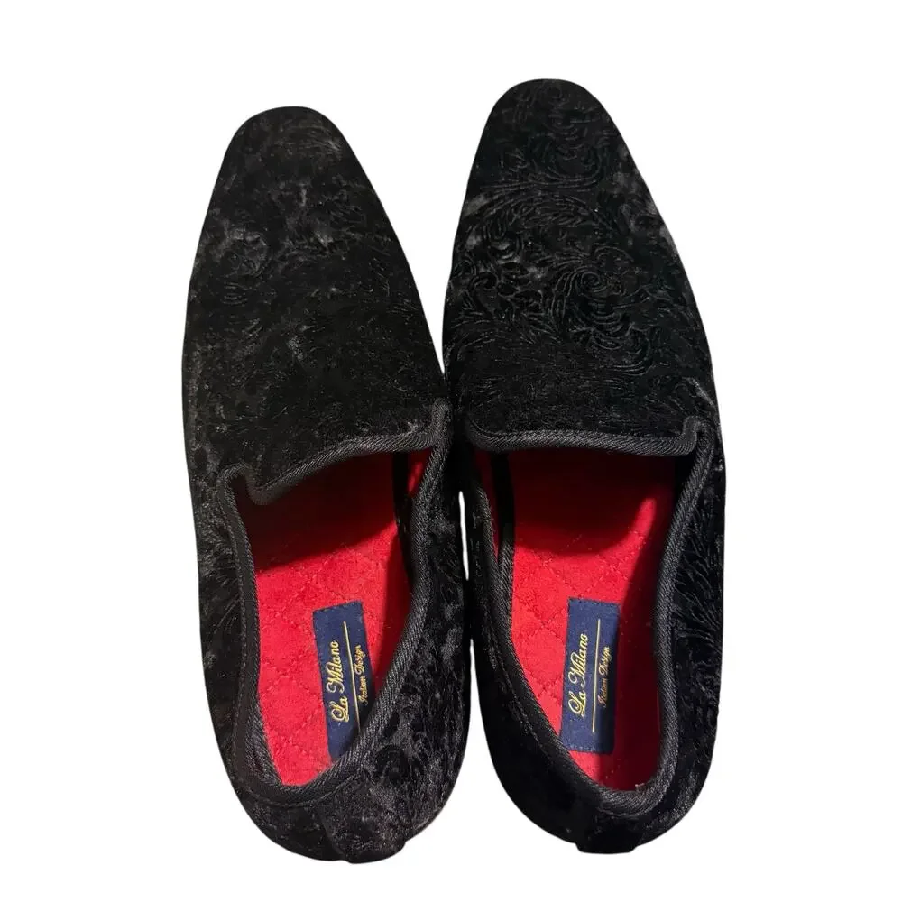 La Milano Broderick II Loafers Mens 12 Black Velvet Smoking Slippers Dress Shoes